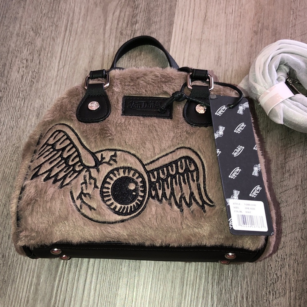 Von Dutch Dirt Faux Fur Embroidered Black Flying Eye Logo Bowler Bag + Strap NWT